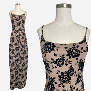 No Comment Nude mesh maxi dress black velvet flocked floral dark fairy grunge S
